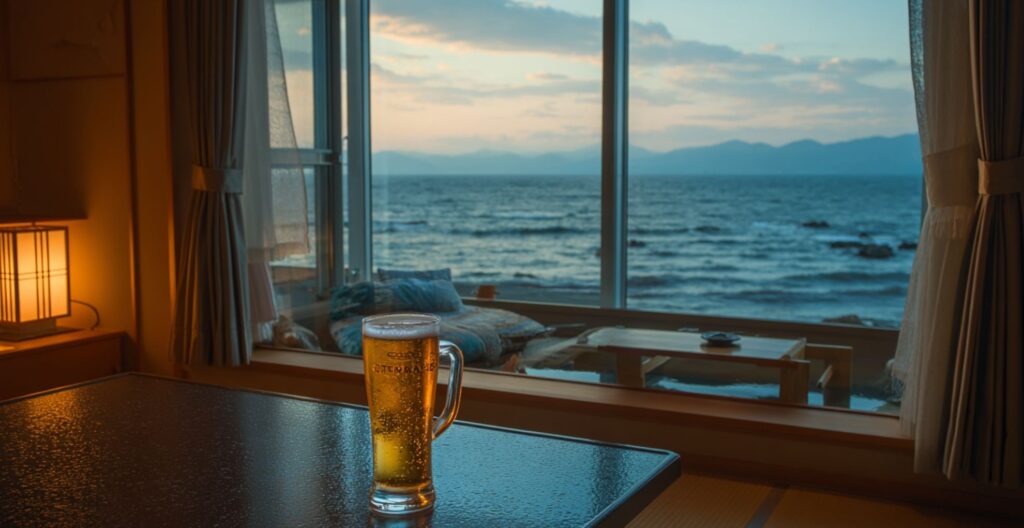 白浜大浜海岸近くの温泉宿から見る海